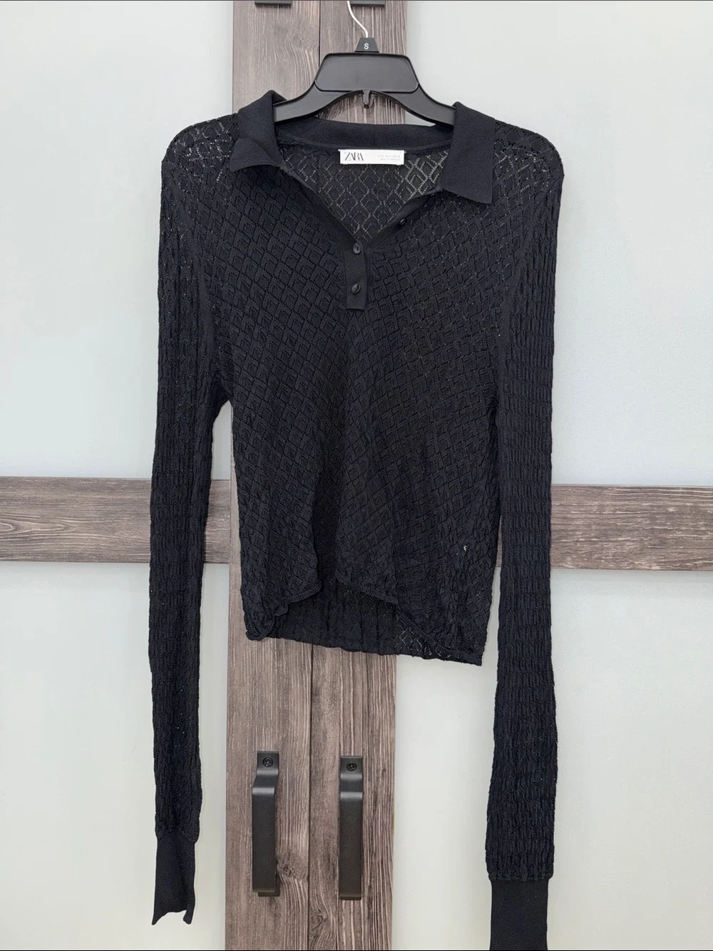Zara Black Long-Sleeve Knit Polo SHEER